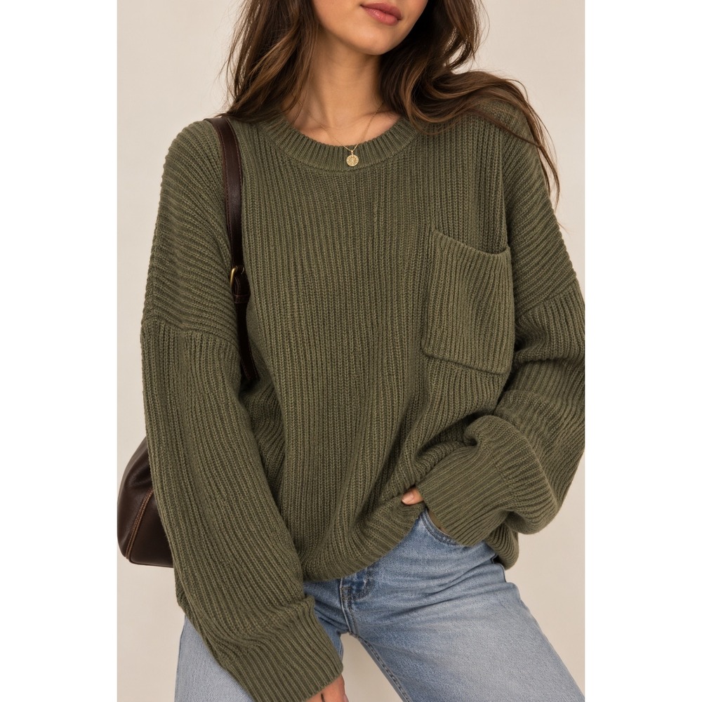 Madewell Womens Large Olive Green Shaker Stitch Pocket Crewneck Sweater L